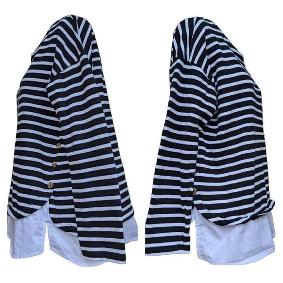 Izod Mock Layered Knit Sweater Pullover Black and White Striped Size L Buttons - Picture 6 of 9